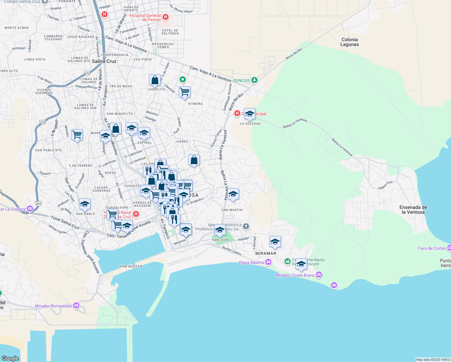 map of restaurants, bars, coffee shops, grocery stores, and more near Bahía La Ventosa in Salina Cruz