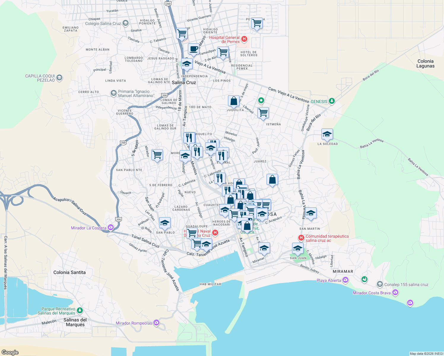 map of restaurants, bars, coffee shops, grocery stores, and more near La Ventosa in Salina Cruz