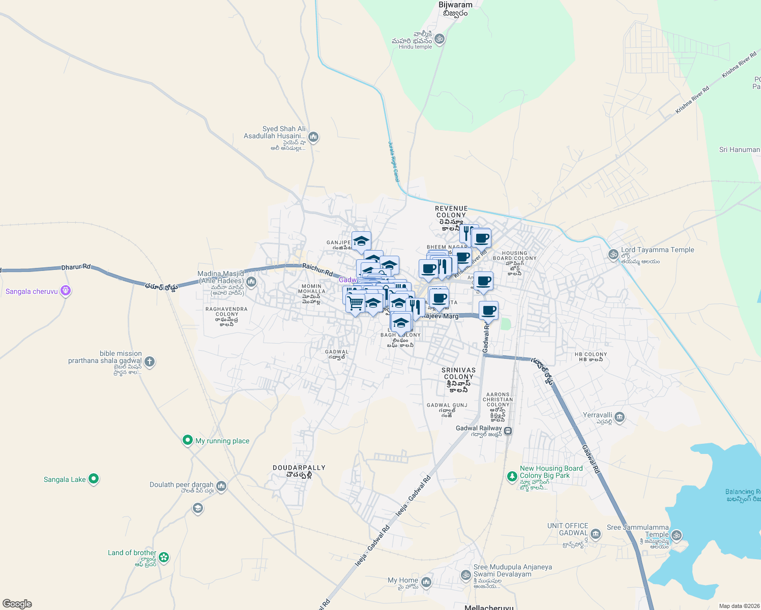 map of restaurants, bars, coffee shops, grocery stores, and more near Bal Bhavan Road in Gadwal