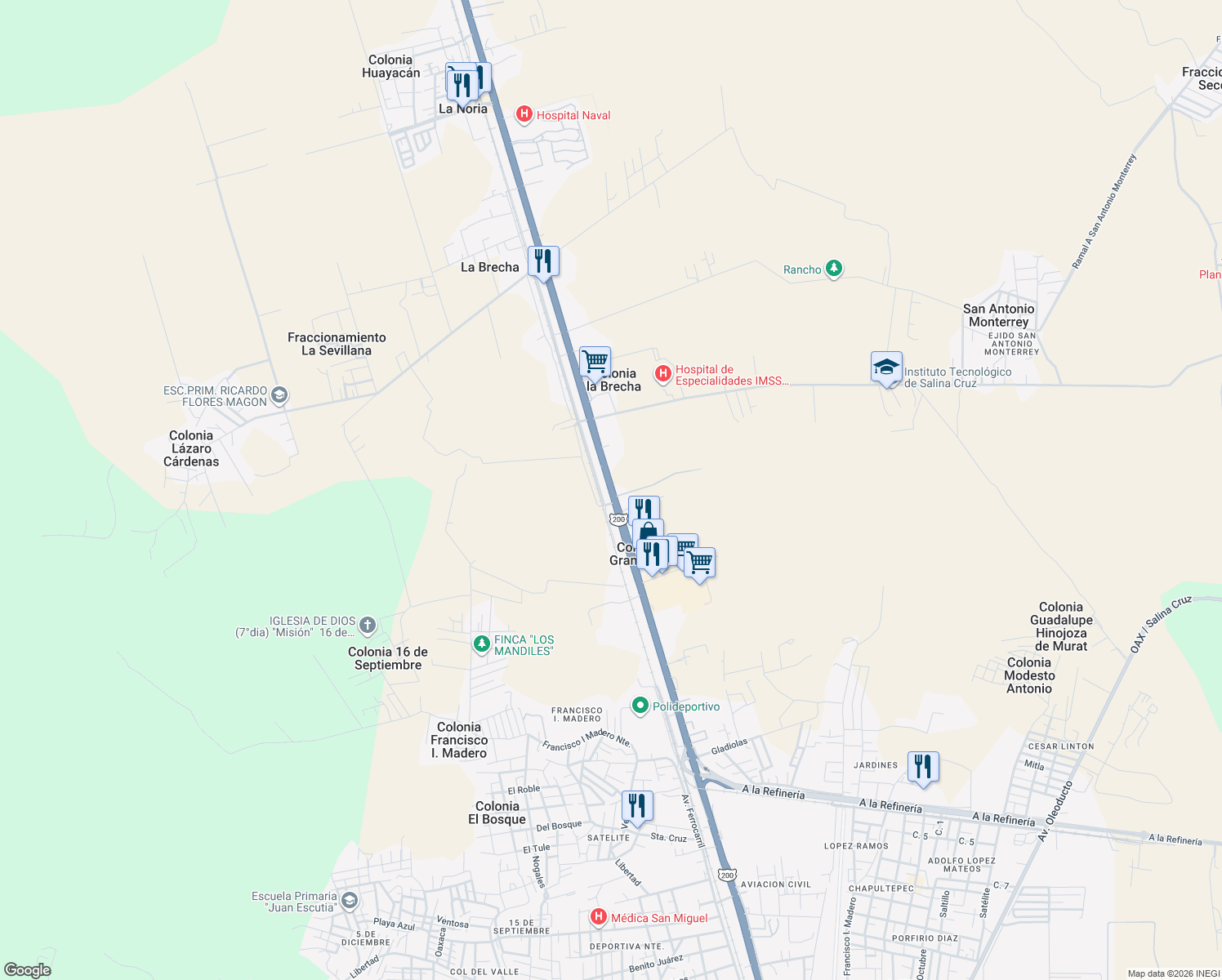 map of restaurants, bars, coffee shops, grocery stores, and more near Carretera Transístmica in Colonia Granadillo