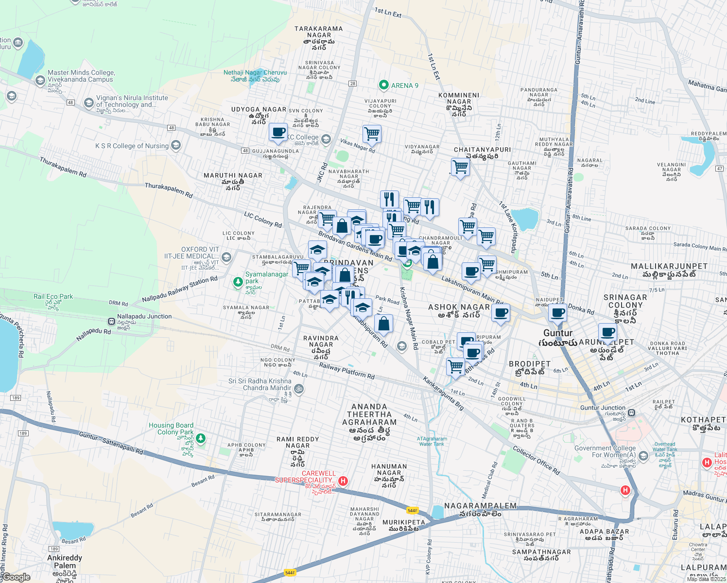 map of restaurants, bars, coffee shops, grocery stores, and more near 5th Lane,Krishna Nagar in Guntur