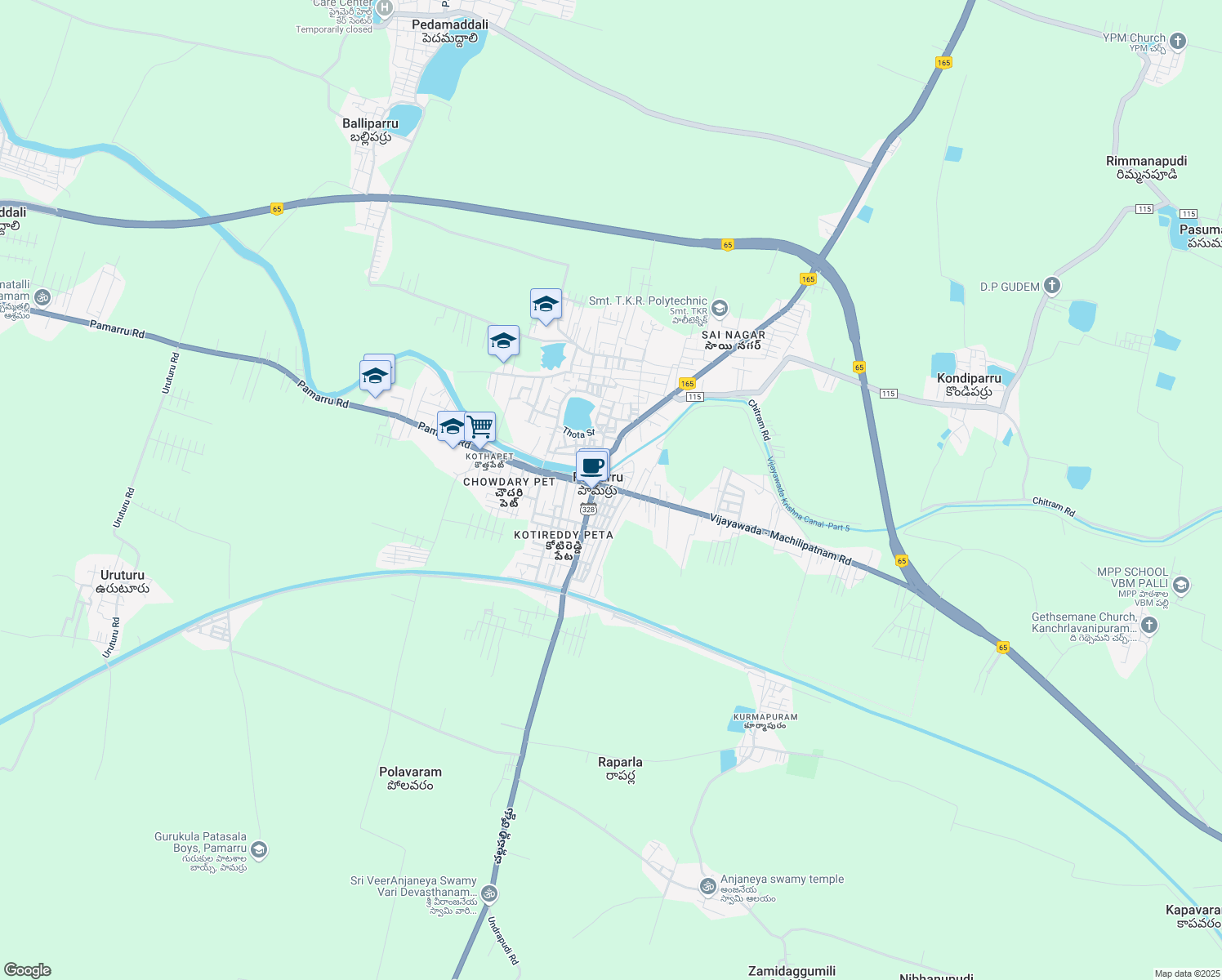 map of restaurants, bars, coffee shops, grocery stores, and more near Bandar Road in Pamarru