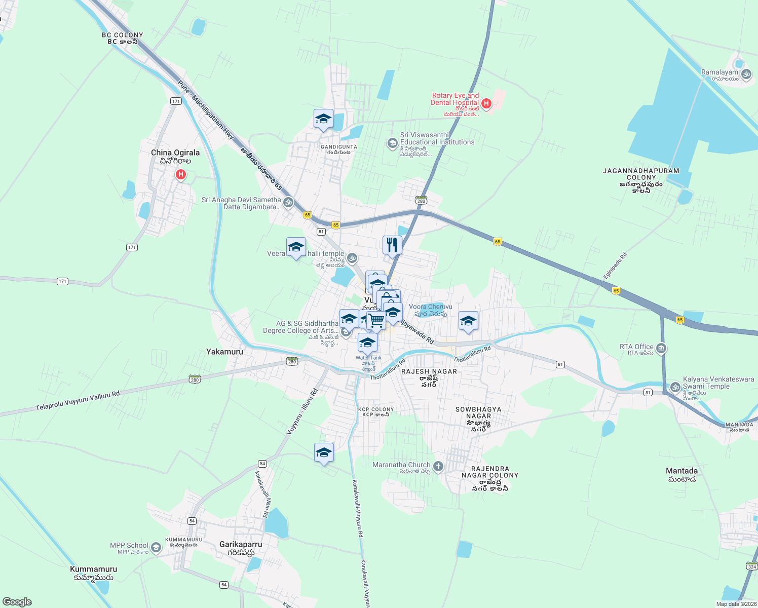 map of restaurants, bars, coffee shops, grocery stores, and more near in Vuyyuru