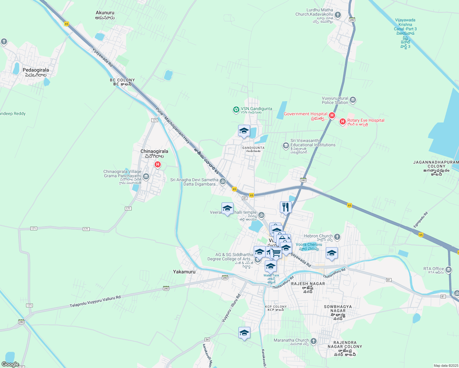map of restaurants, bars, coffee shops, grocery stores, and more near Vijayawada Road in Vuyyuru