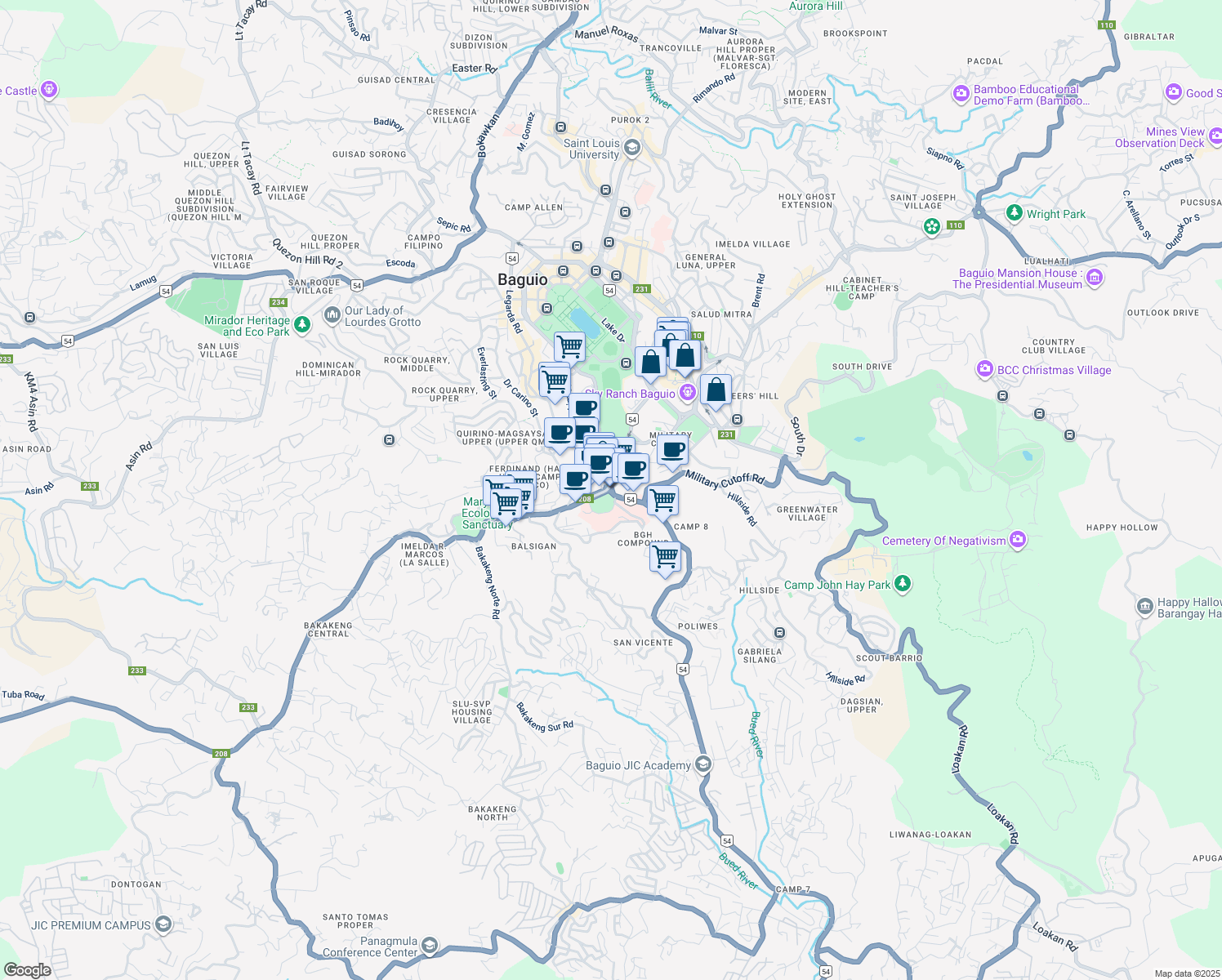 map of restaurants, bars, coffee shops, grocery stores, and more near in Baguio