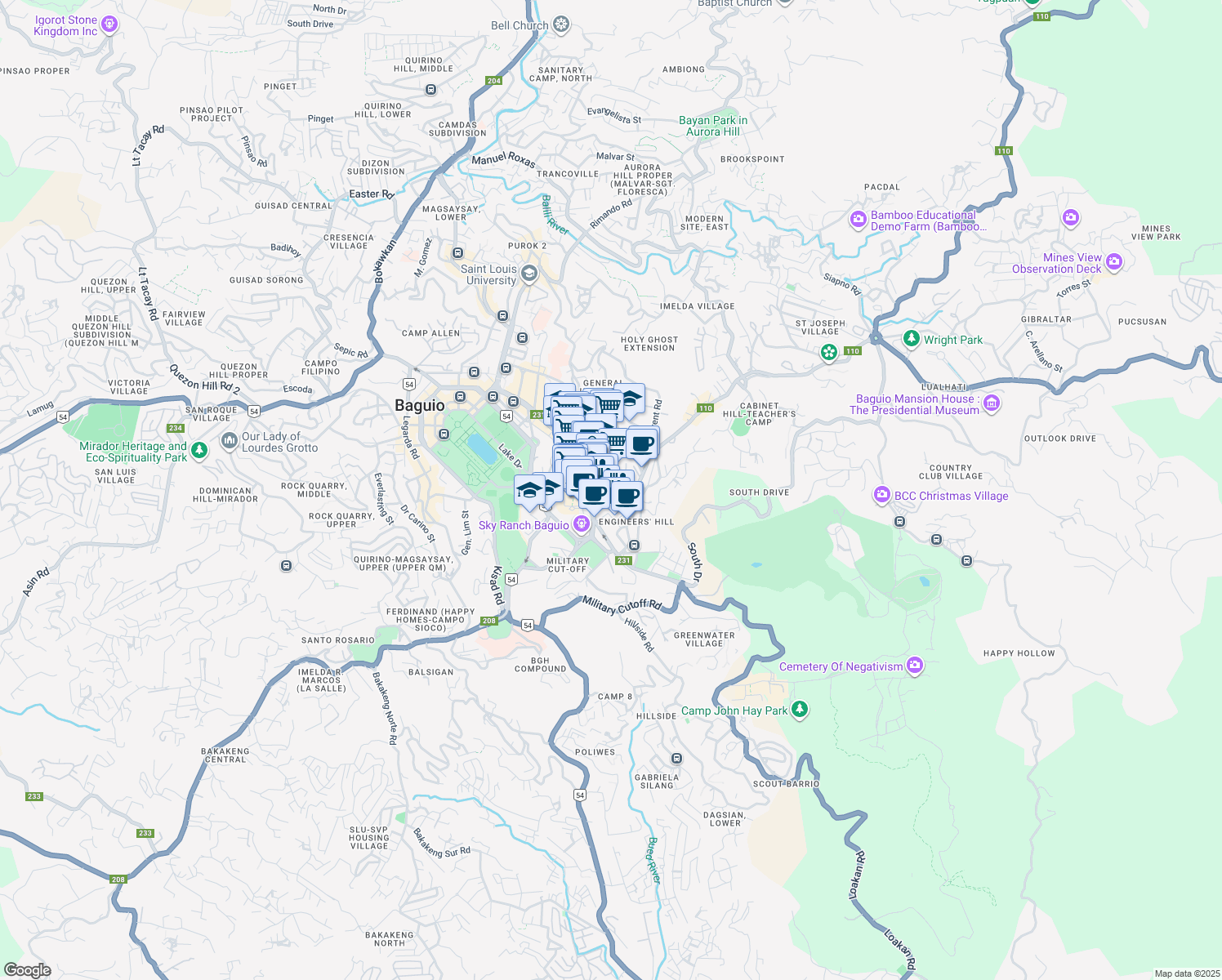 map of restaurants, bars, coffee shops, grocery stores, and more near North Drive in Baguio