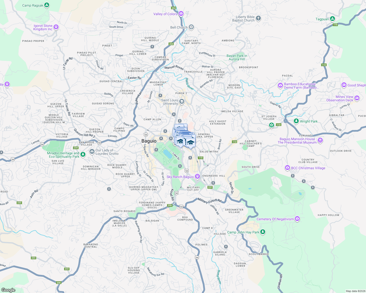 map of restaurants, bars, coffee shops, grocery stores, and more near Diego Silang Street in Baguio City