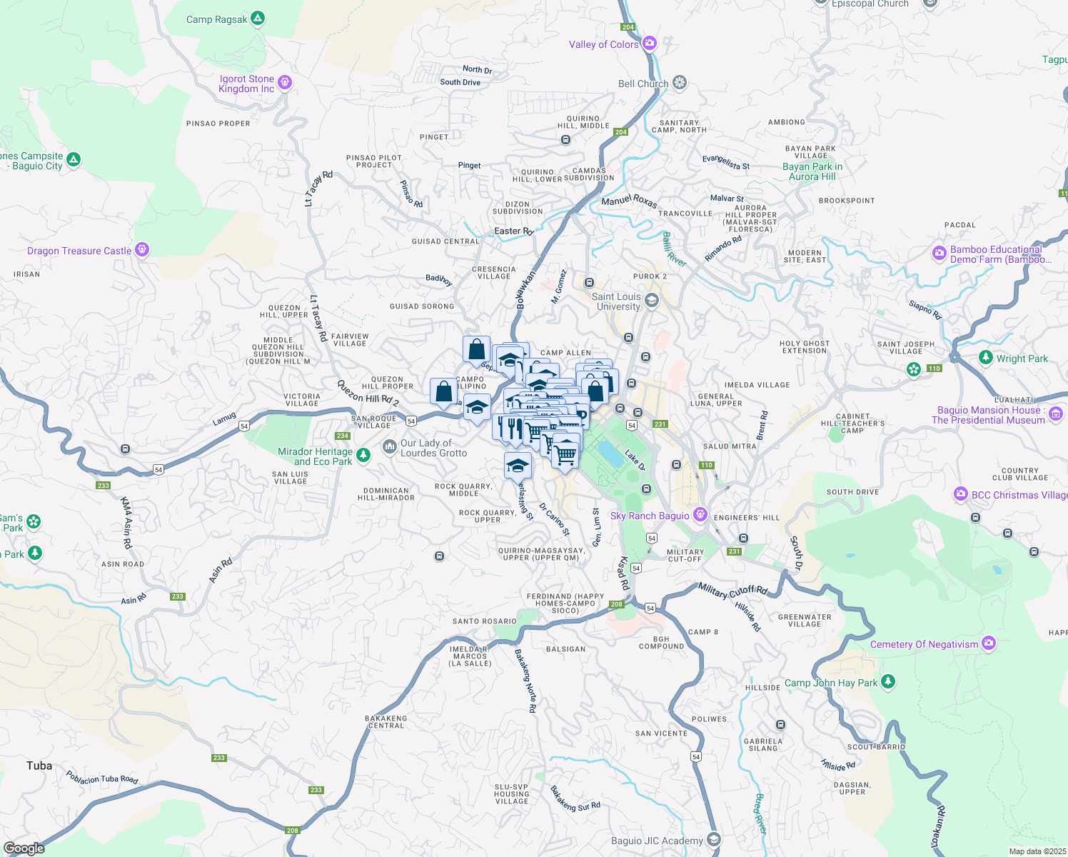 map of restaurants, bars, coffee shops, grocery stores, and more near City Camp Road in Baguio