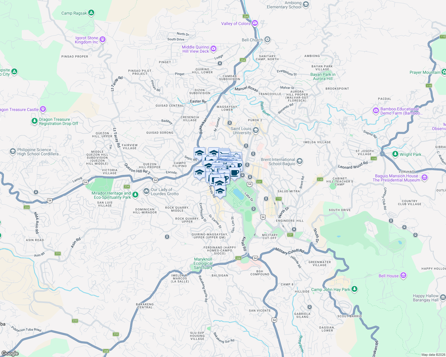 map of restaurants, bars, coffee shops, grocery stores, and more near Shanum Street in Baguio City
