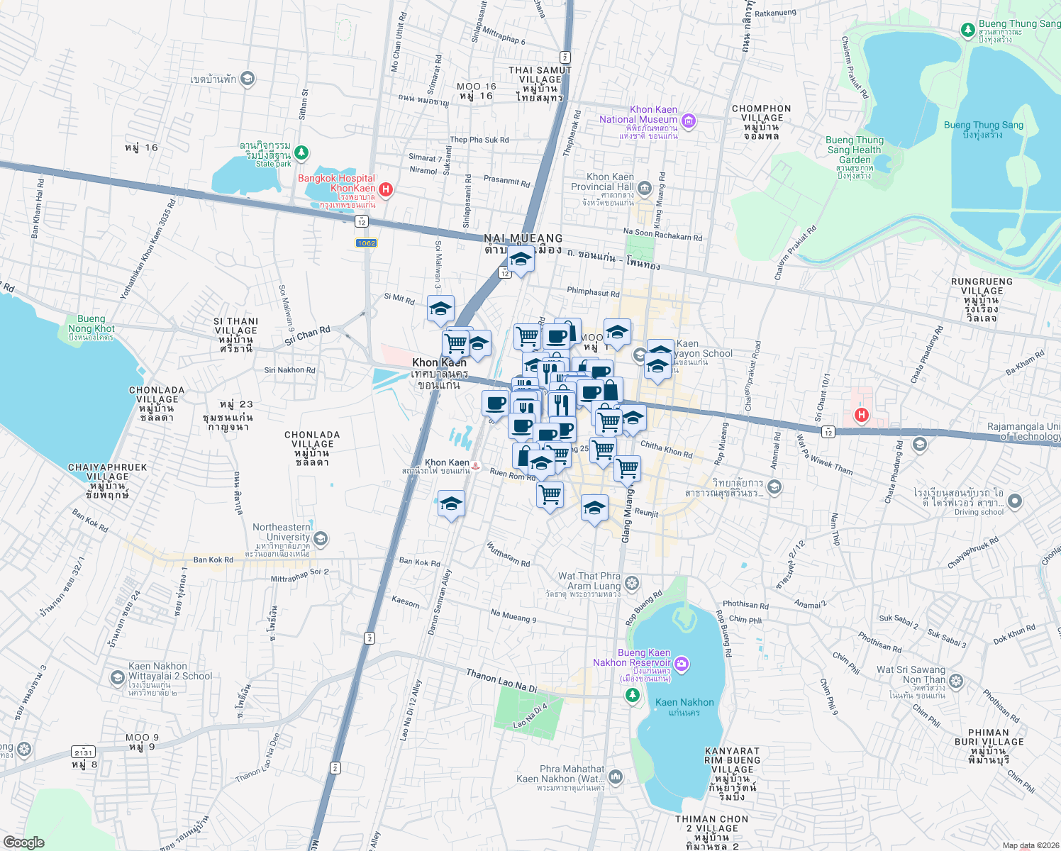 map of restaurants, bars, coffee shops, grocery stores, and more near Pracha Samran Rd in Mueang Khon Kaen