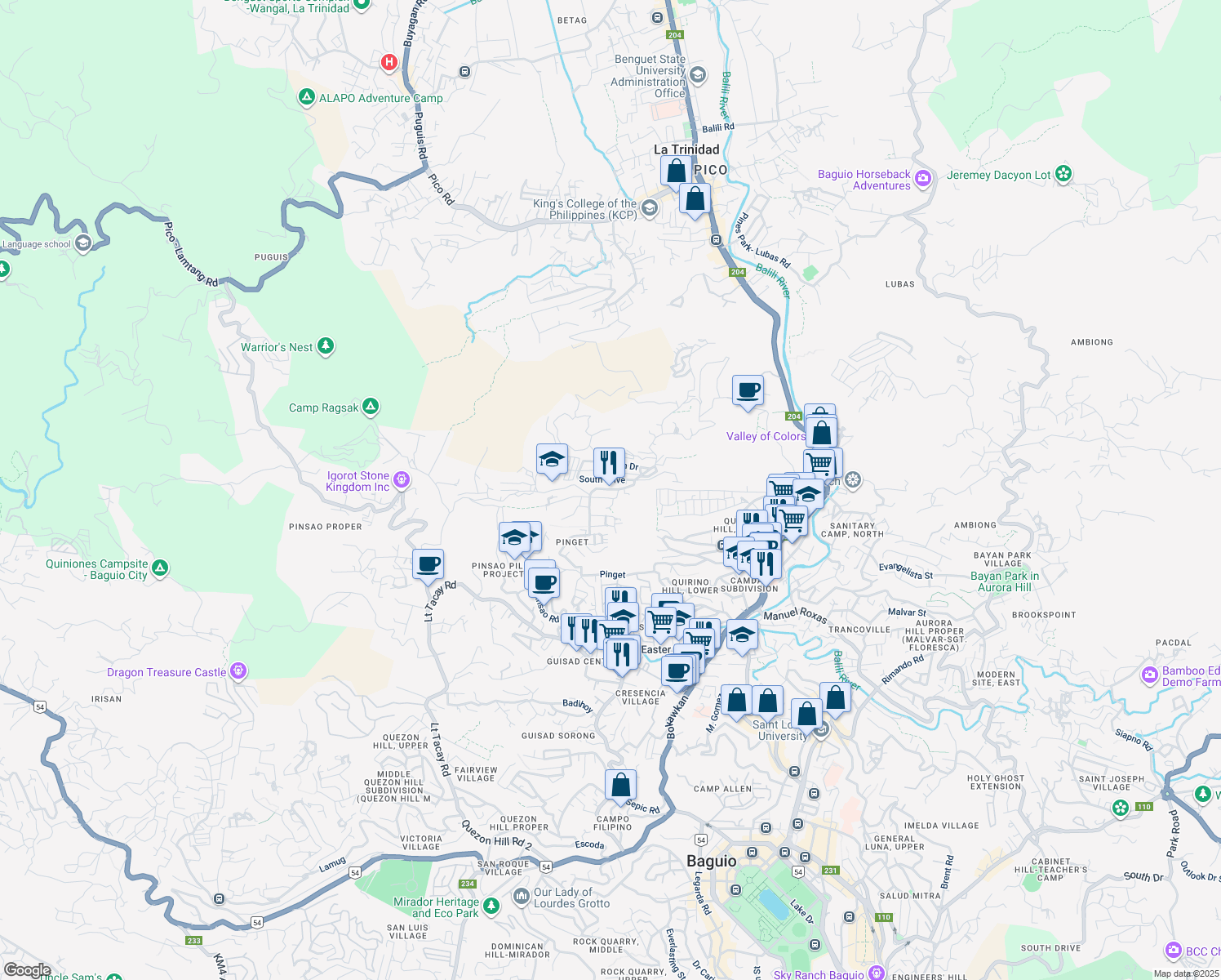 map of restaurants, bars, coffee shops, grocery stores, and more near Upper Pinget in Baguio City