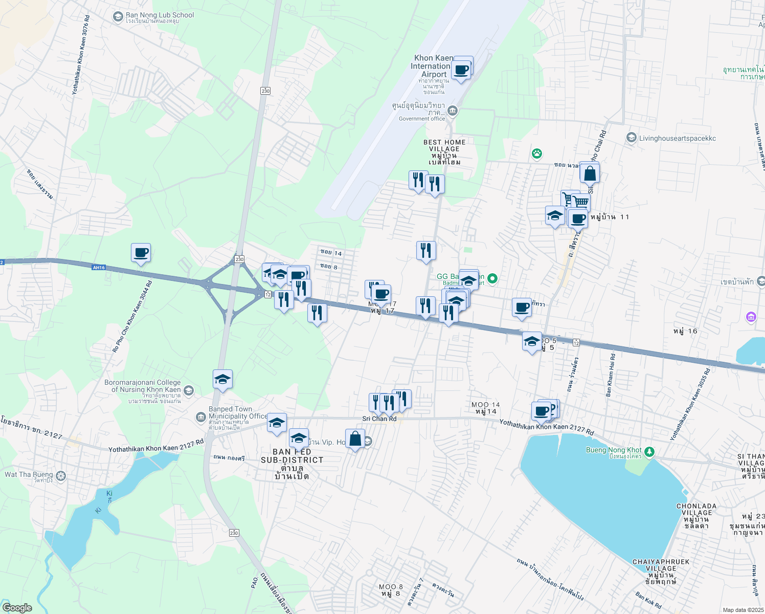 map of restaurants, bars, coffee shops, grocery stores, and more near in Amphoe Mueang Khon Kaen