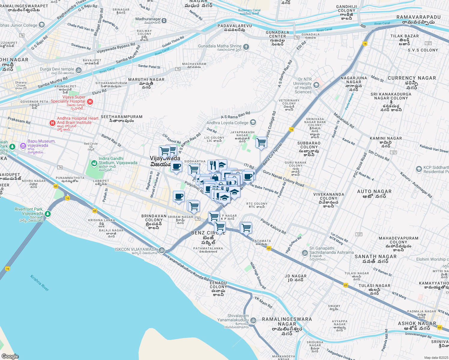 map of restaurants, bars, coffee shops, grocery stores, and more near Kanchukota Vari Street in Vijayawada