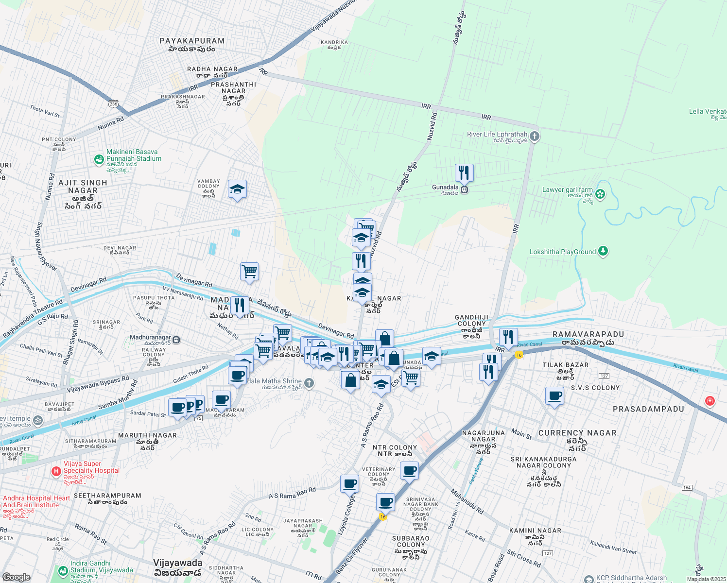 map of restaurants, bars, coffee shops, grocery stores, and more near Nuzvid To Vijayawada Road in Vijayawada
