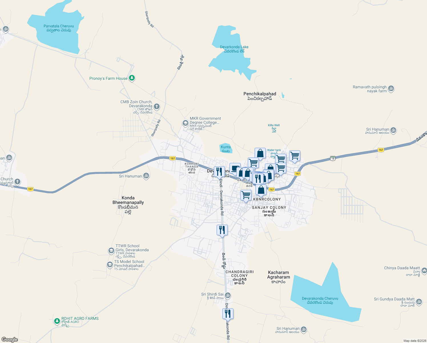 map of restaurants, bars, coffee shops, grocery stores, and more near State Highway 18 in Devarakonda