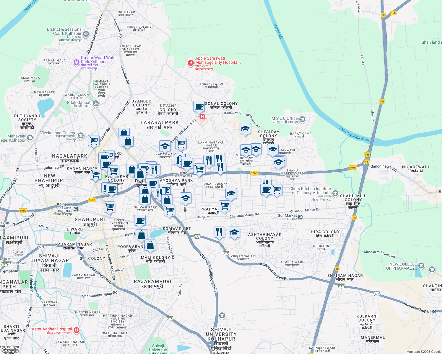 map of restaurants, bars, coffee shops, grocery stores, and more near in Kolhapur