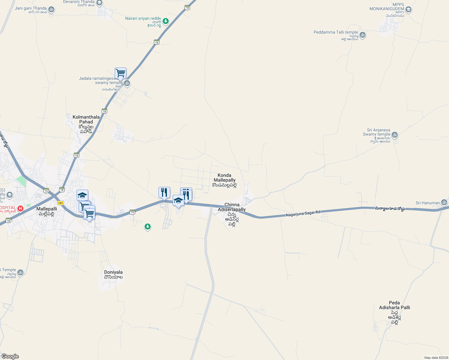map of restaurants, bars, coffee shops, grocery stores, and more near None in Konda Mallepally