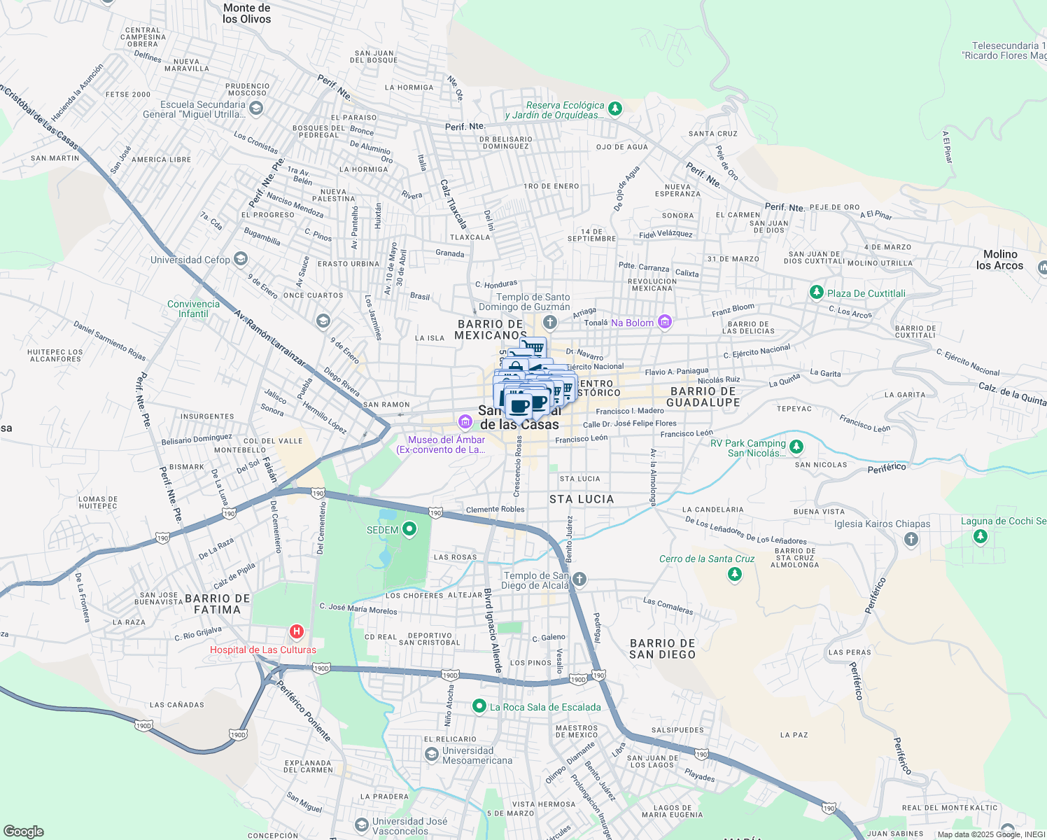 map of restaurants, bars, coffee shops, grocery stores, and more near 6 Calle Diego de Mazariegos in San Cristóbal de las Casas