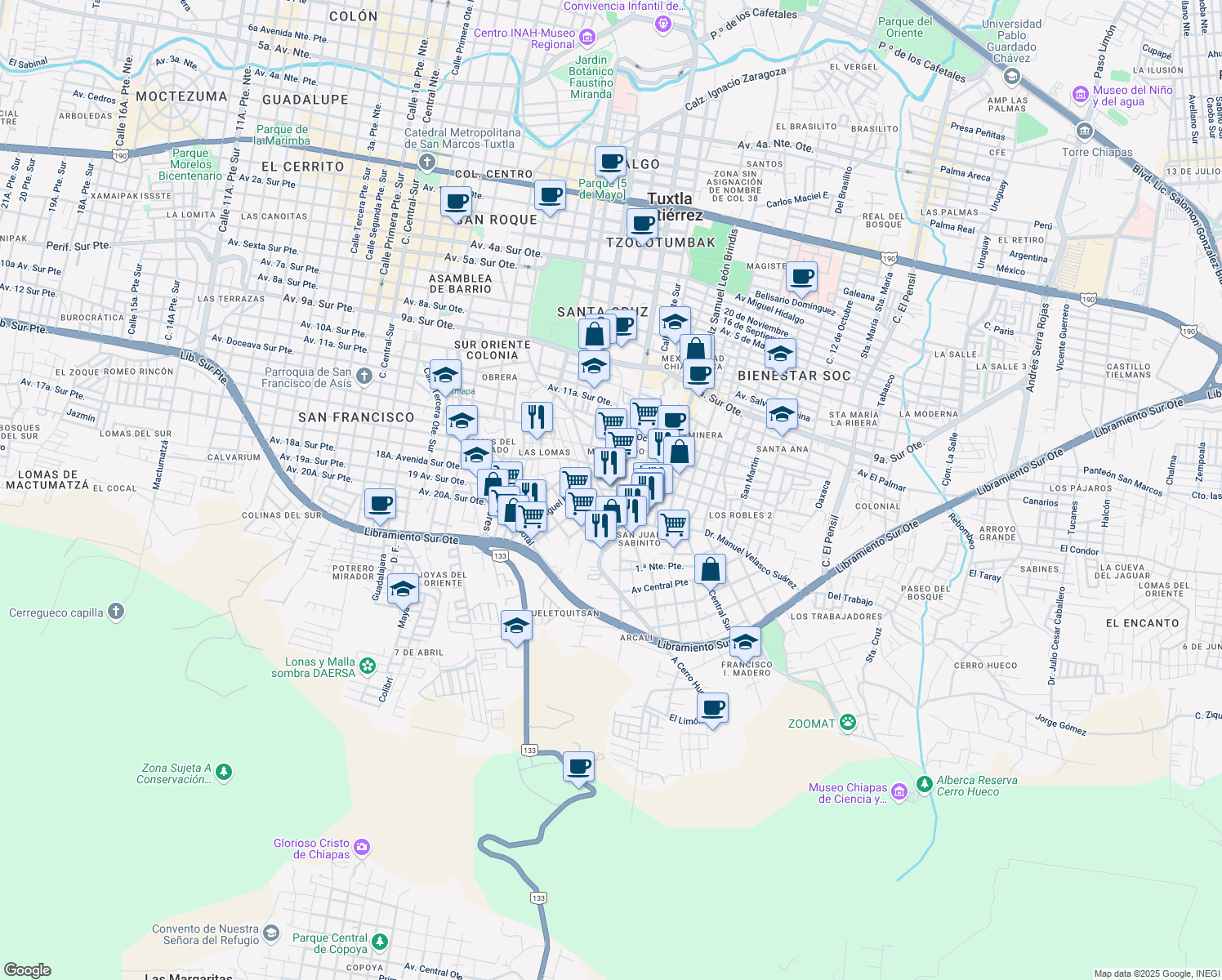 map of restaurants, bars, coffee shops, grocery stores, and more near 5163 Avenida las Palmas in Tijuana