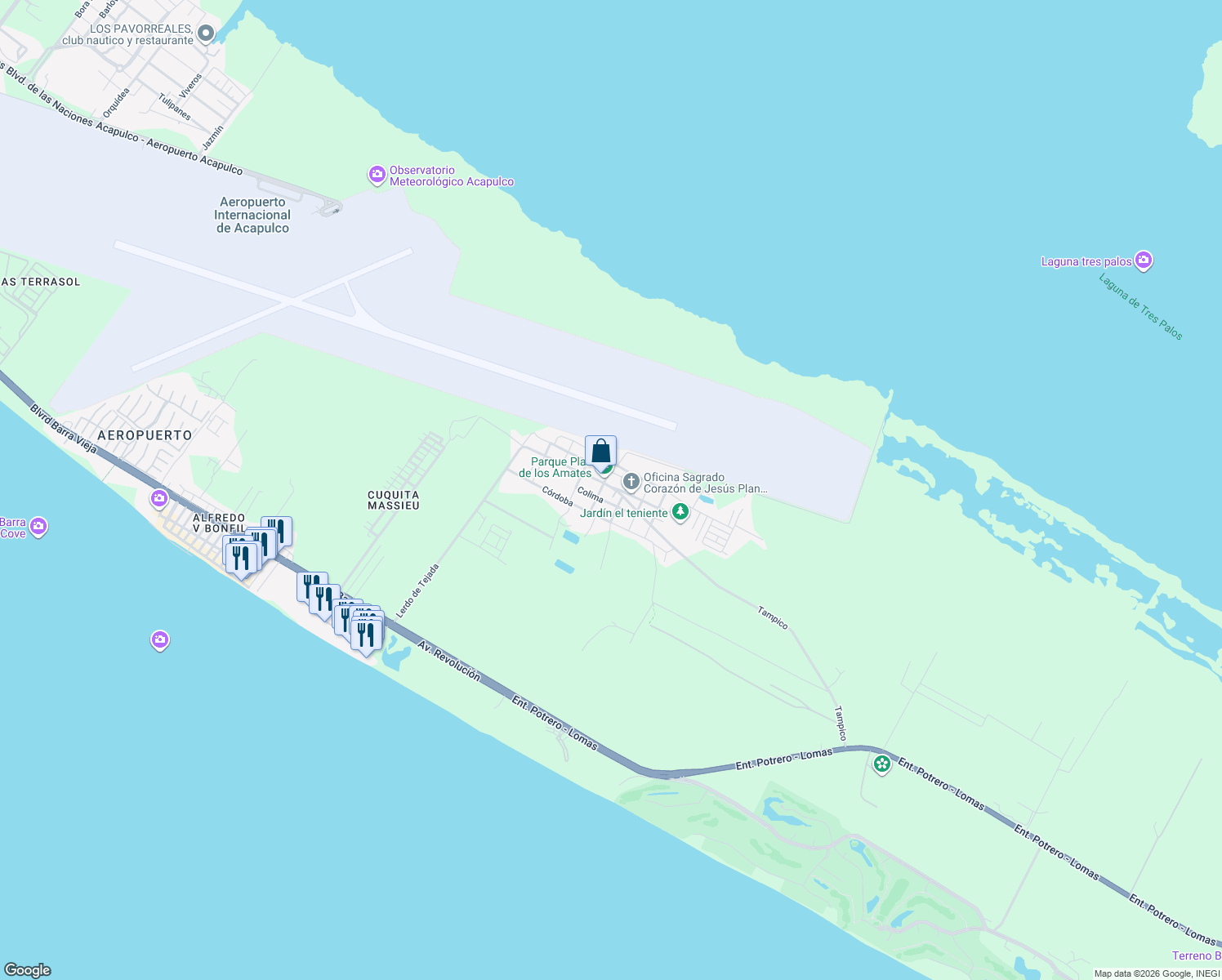 map of restaurants, bars, coffee shops, grocery stores, and more near Plan de Los Amates in Acapulco de Juárez