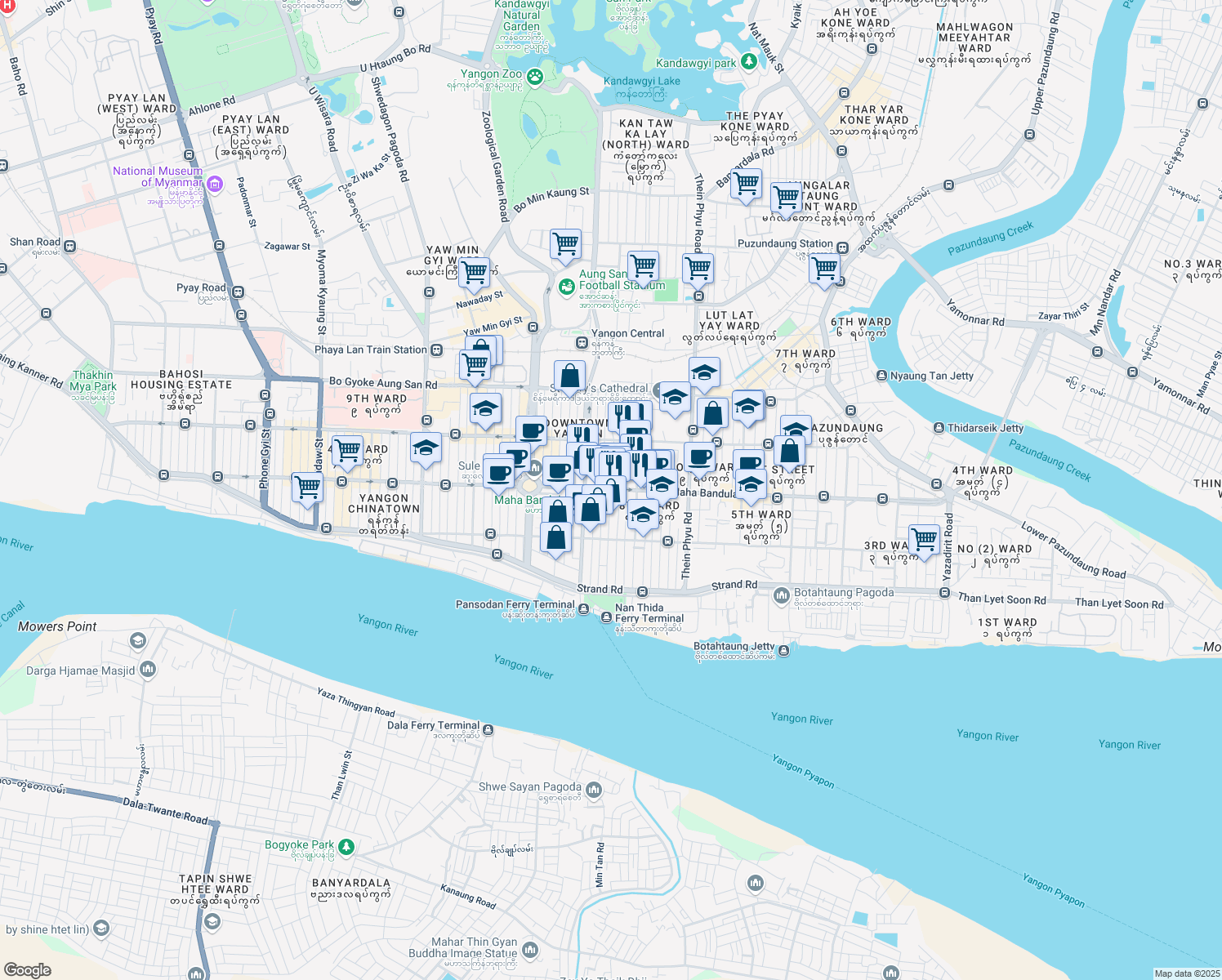 map of restaurants, bars, coffee shops, grocery stores, and more near Seikkan Thar Street in Yangon