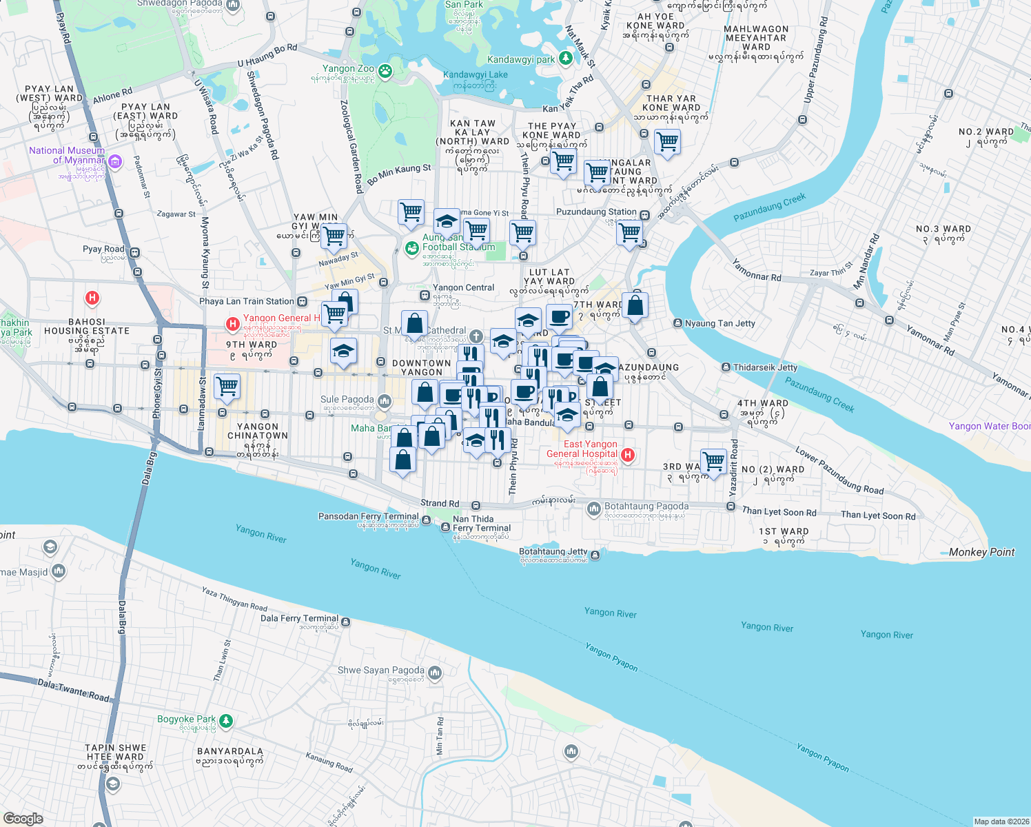 map of restaurants, bars, coffee shops, grocery stores, and more near Thein Phyu Road in Yangon