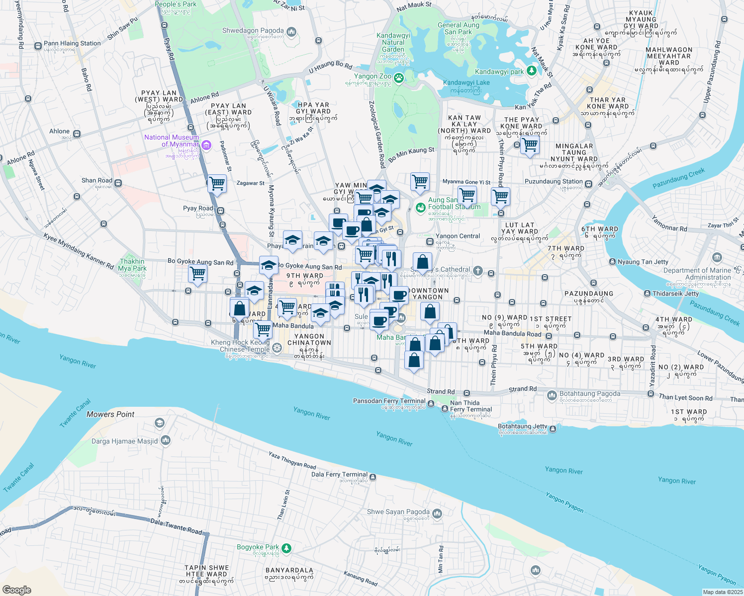 map of restaurants, bars, coffee shops, grocery stores, and more near Anawrahta Rd in Rangoon