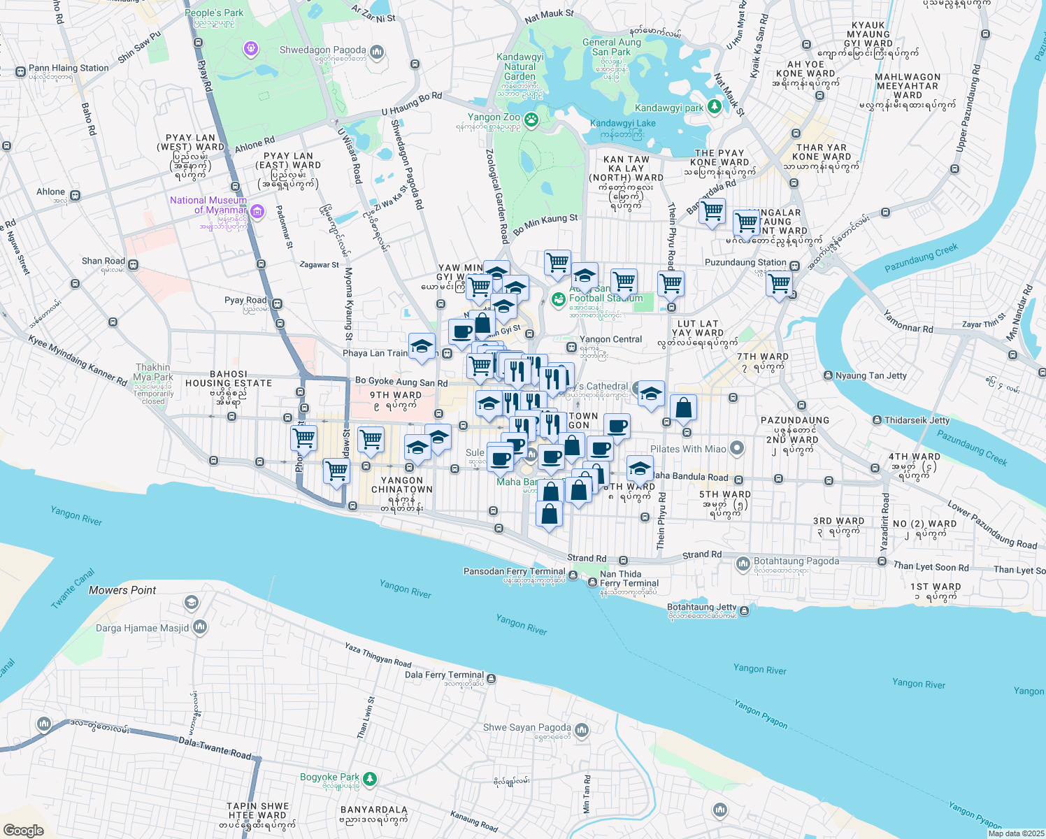 map of restaurants, bars, coffee shops, grocery stores, and more near Sule Road in Yangon