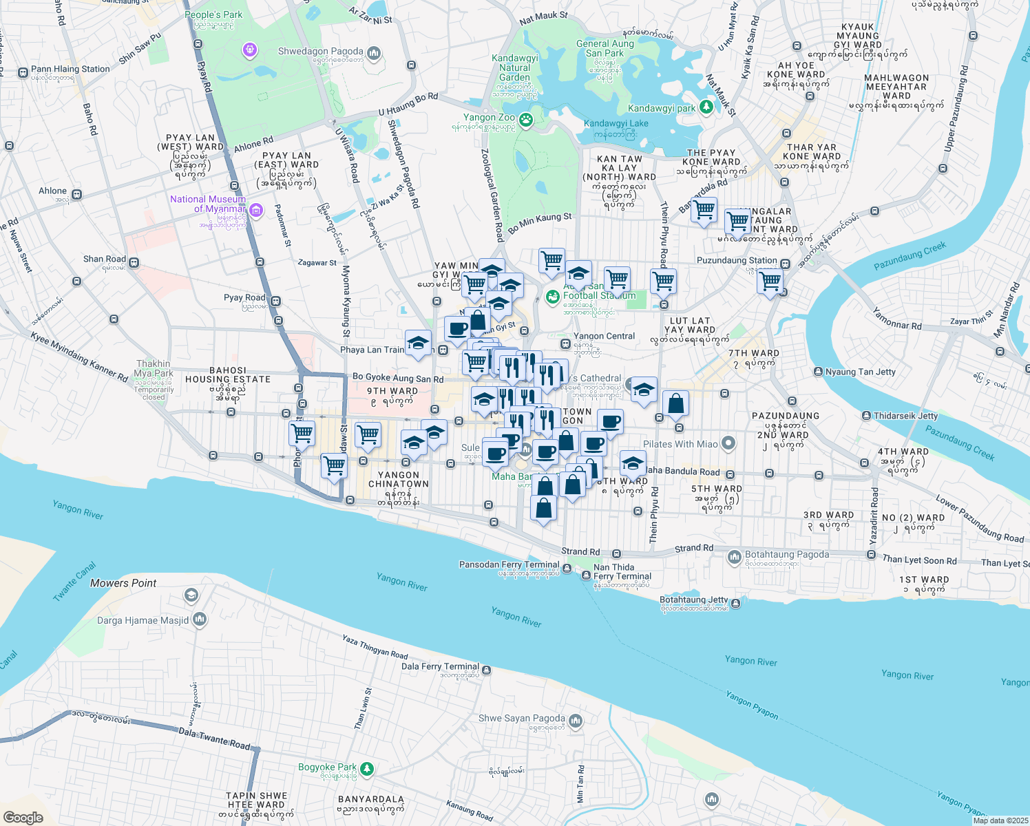 map of restaurants, bars, coffee shops, grocery stores, and more near Sule Road in Yangon