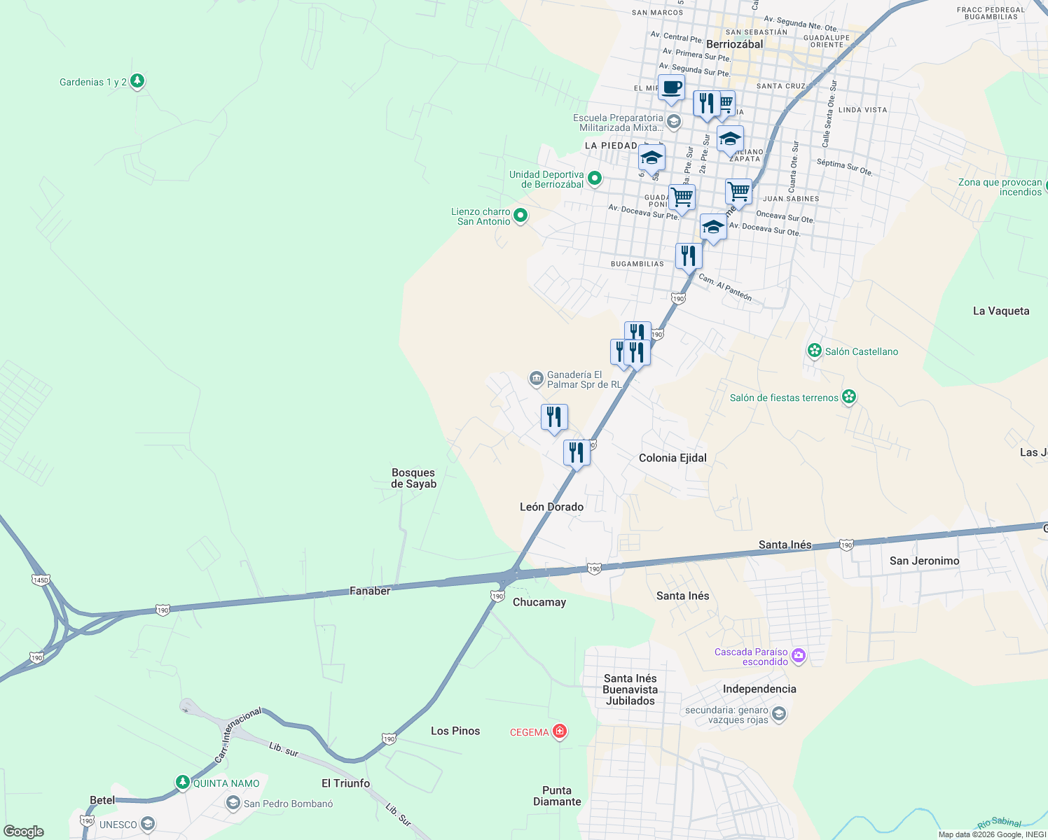 map of restaurants, bars, coffee shops, grocery stores, and more near 169 Segunda Oriente Sur in Berriozábal