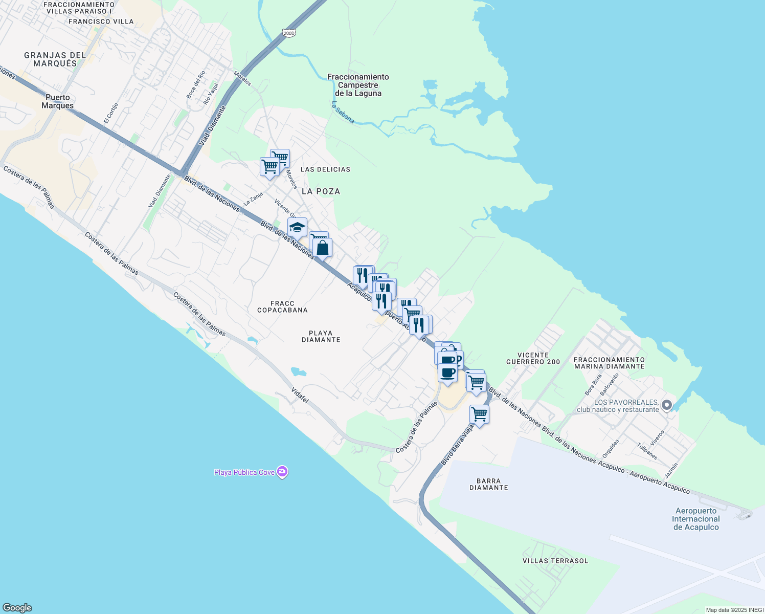 map of restaurants, bars, coffee shops, grocery stores, and more near 2700 Boulevard de las Naciones in Acapulco