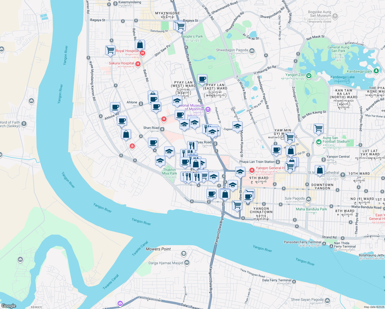 map of restaurants, bars, coffee shops, grocery stores, and more near 28 Min Ye Kyaw Zwa Road in Yangon