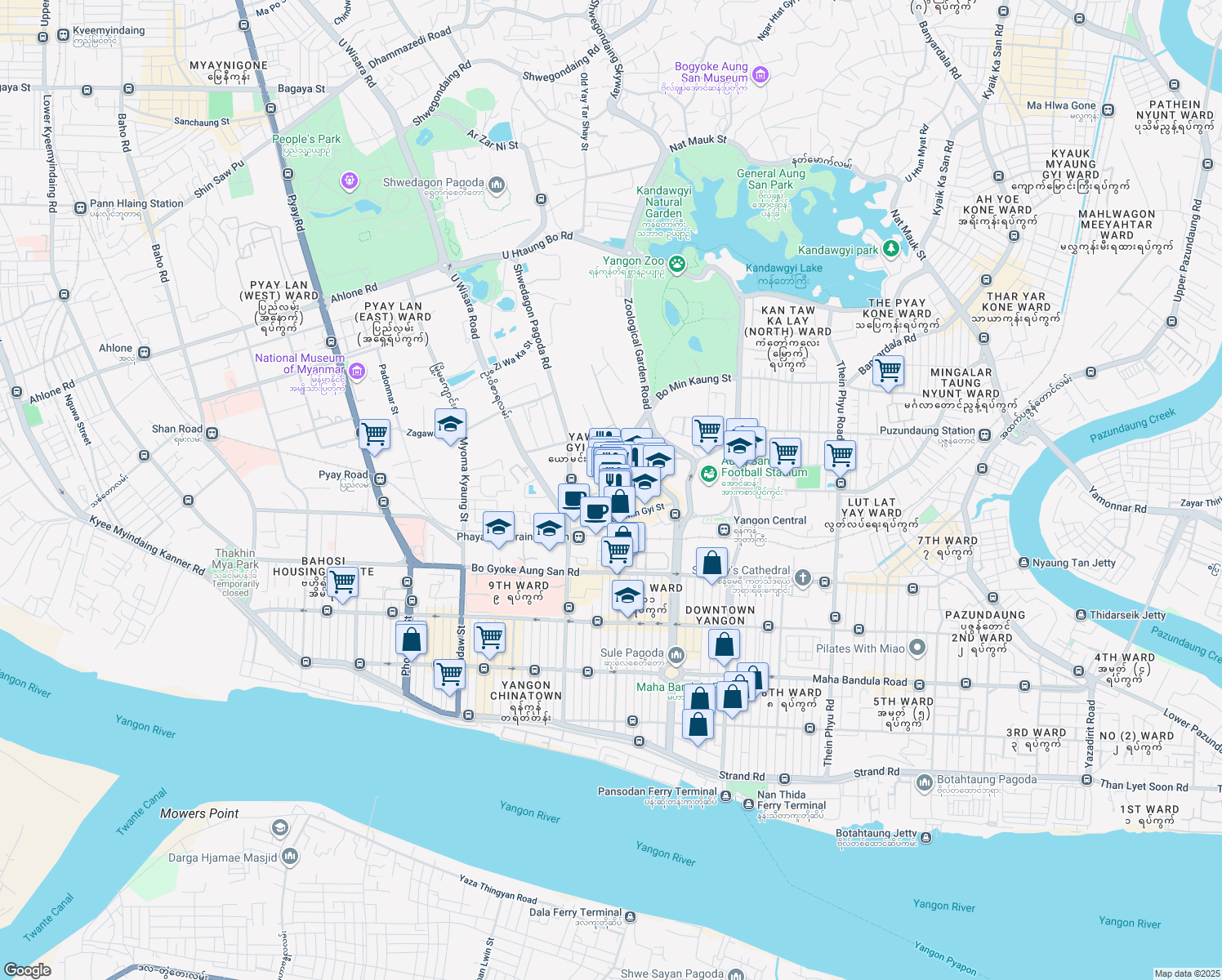 map of restaurants, bars, coffee shops, grocery stores, and more near Bo Yar Nyunt Road in Yangon