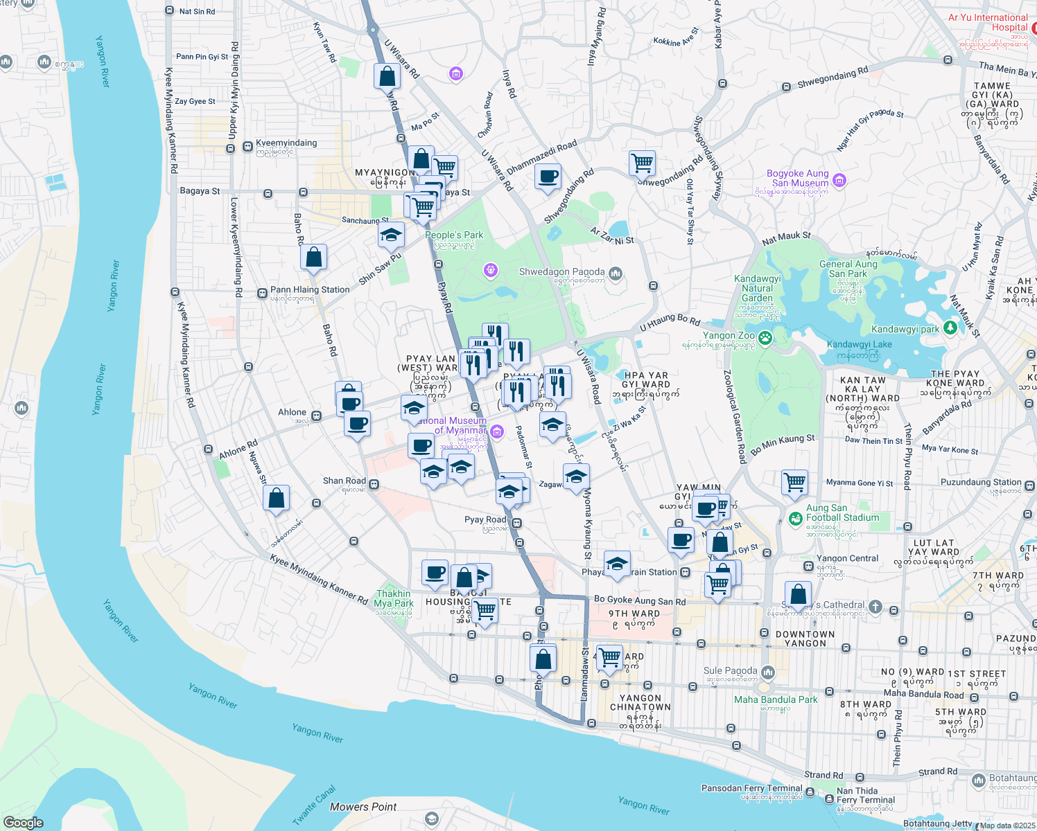 map of restaurants, bars, coffee shops, grocery stores, and more near  in ရန်ကုန်