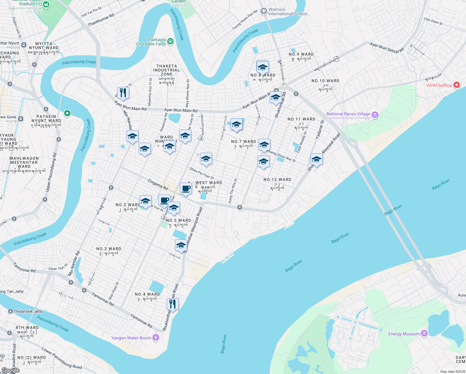 map of restaurants, bars, coffee shops, grocery stores, and more near အောင်သုခလမ်း in Yangon