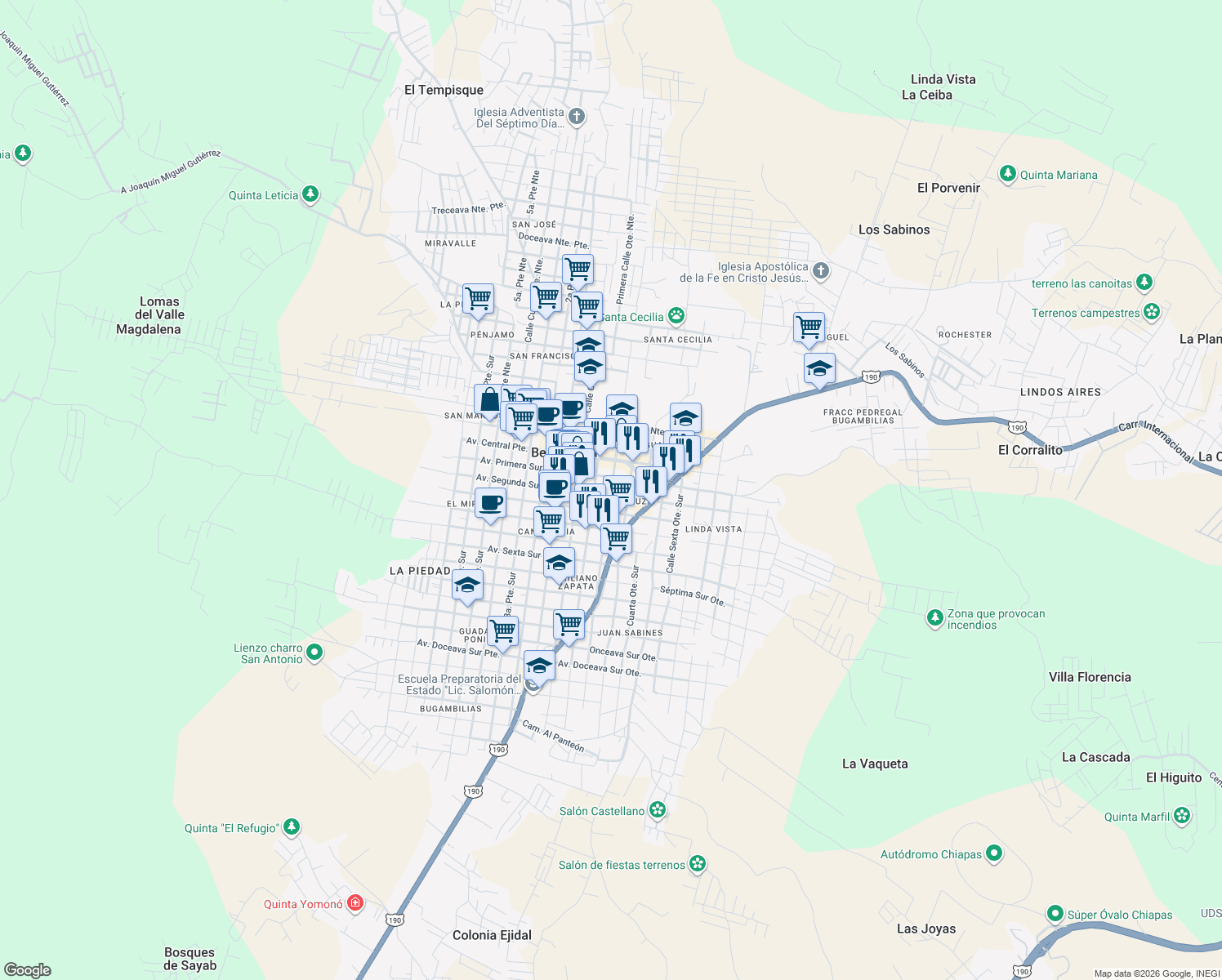 map of restaurants, bars, coffee shops, grocery stores, and more near 169 Segunda Oriente Sur in Berriozábal