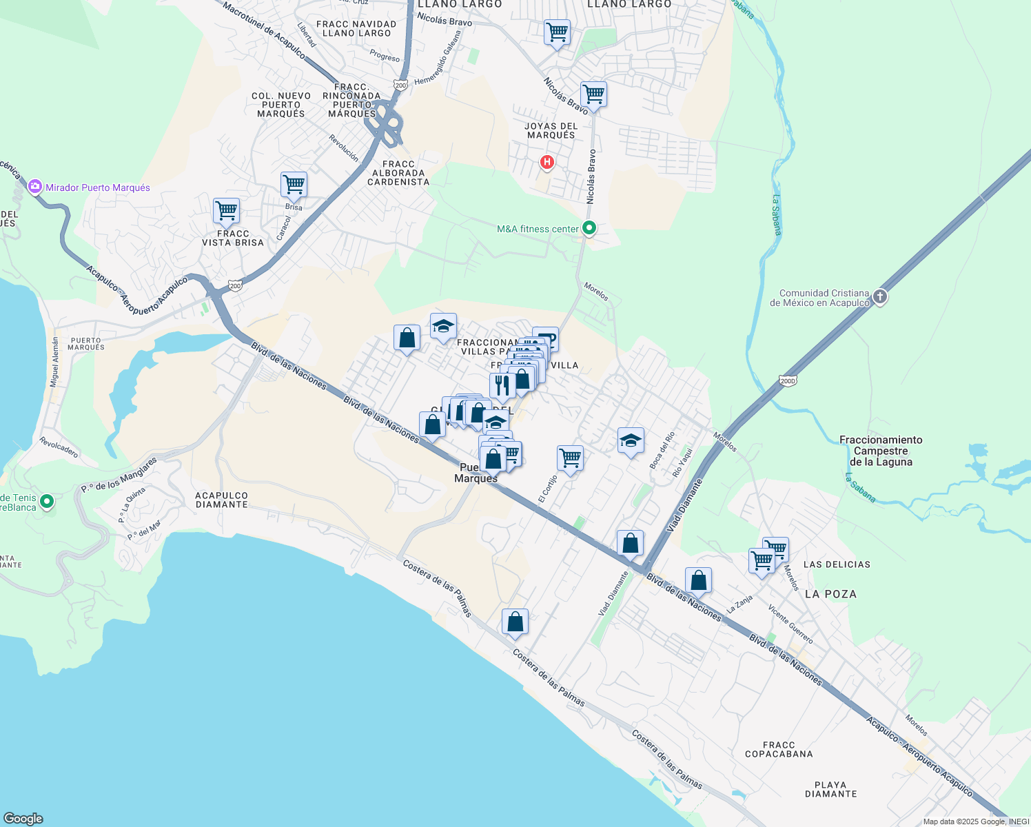 map of restaurants, bars, coffee shops, grocery stores, and more near 29 Simon Bolívar in Acapulco