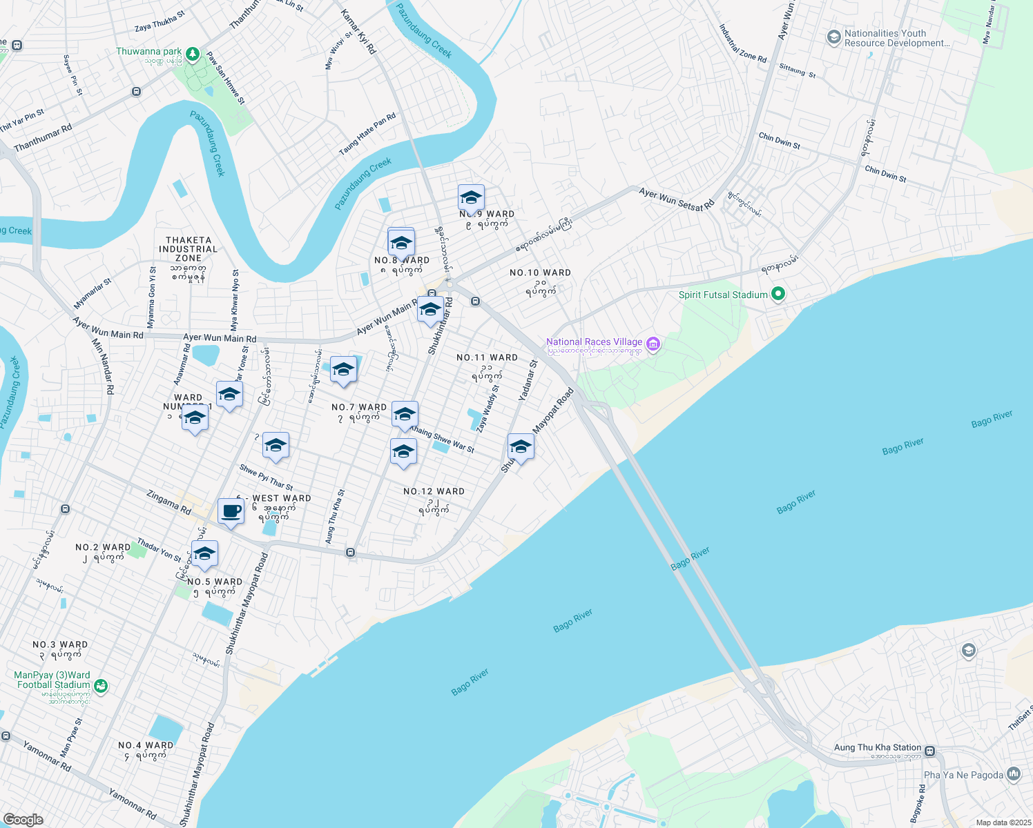 map of restaurants, bars, coffee shops, grocery stores, and more near Yadanar Street in Yangon