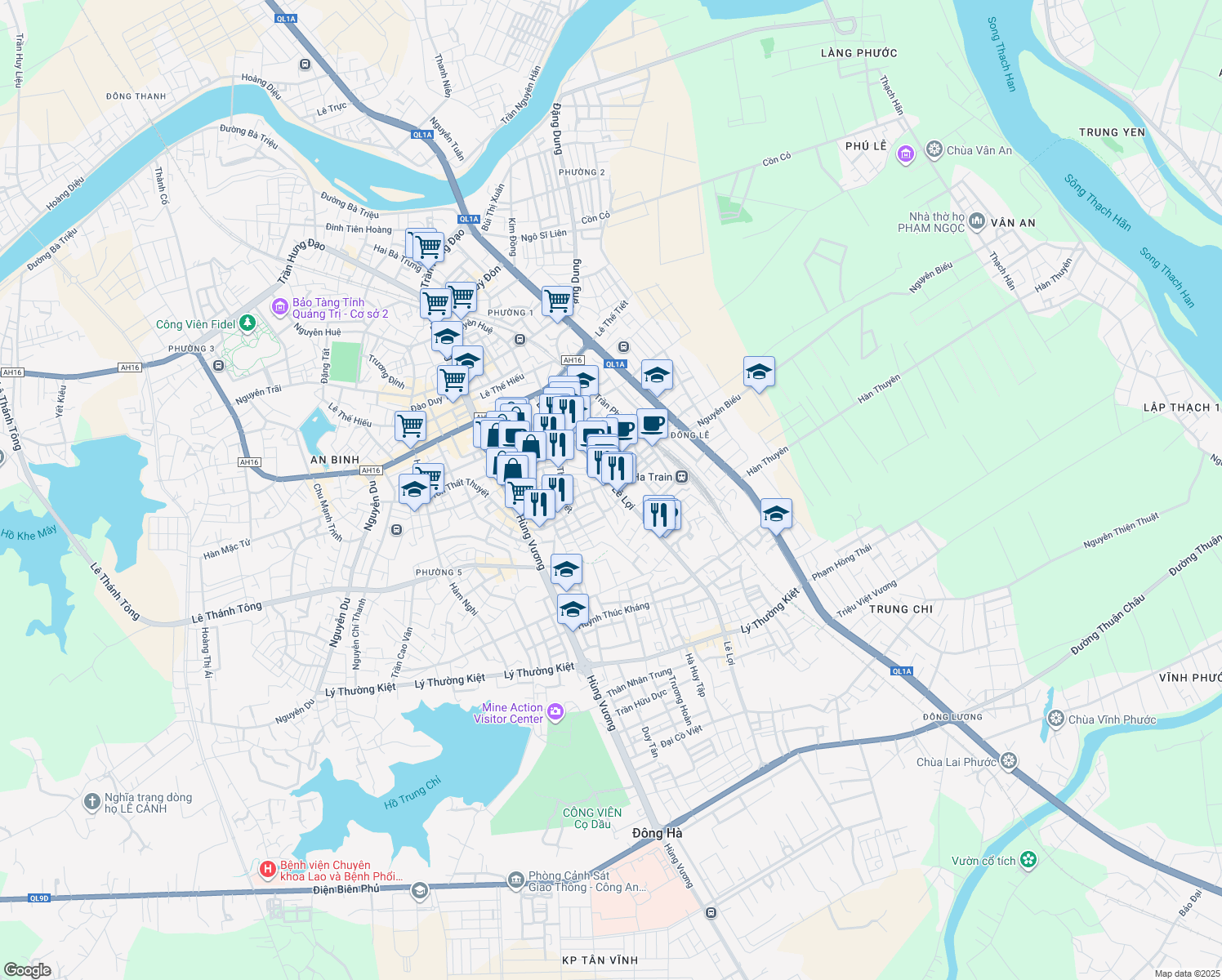 map of restaurants, bars, coffee shops, grocery stores, and more near Đường Lê Lợi in Đông Hà