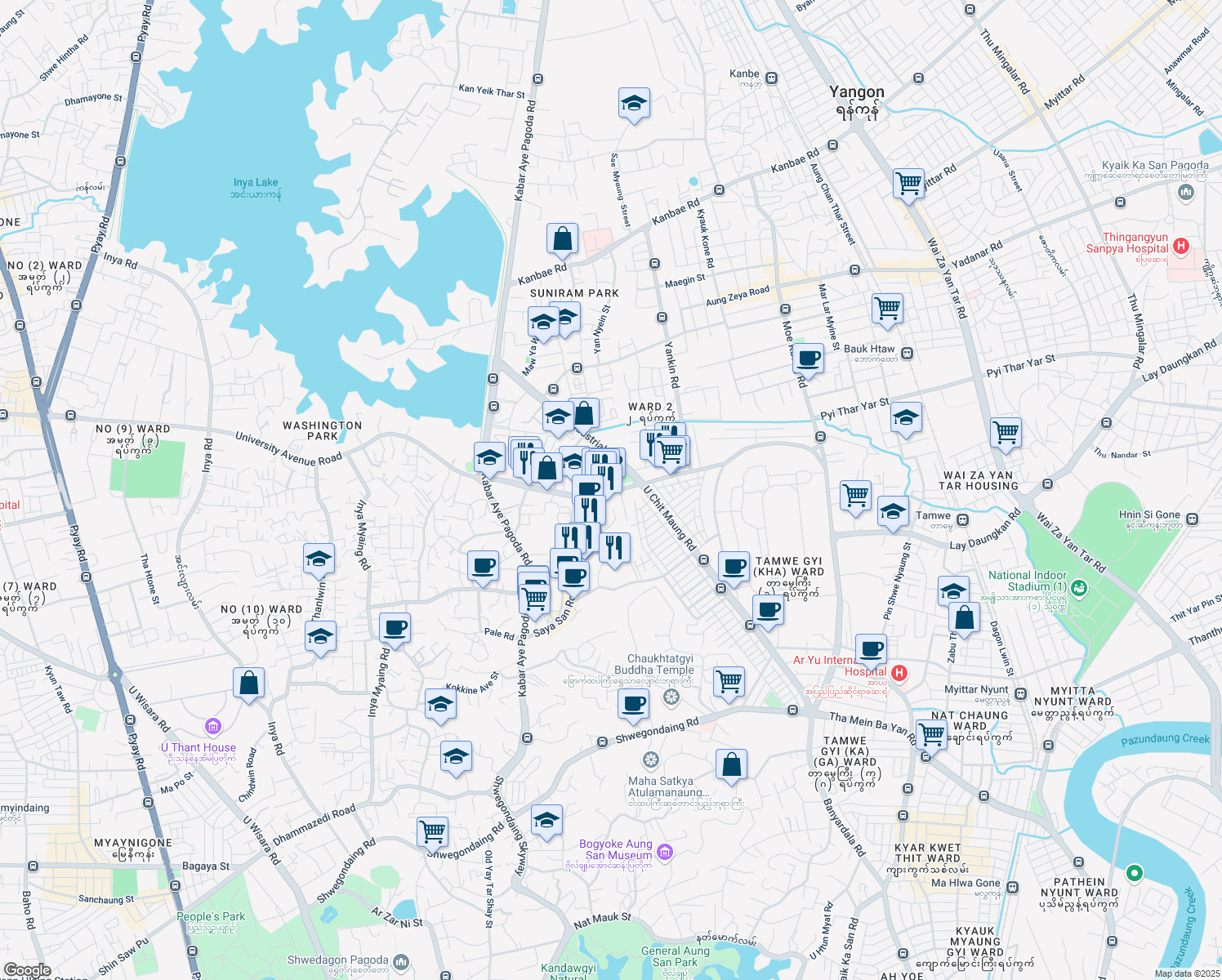 map of restaurants, bars, coffee shops, grocery stores, and more near Saya San Road in Yangon