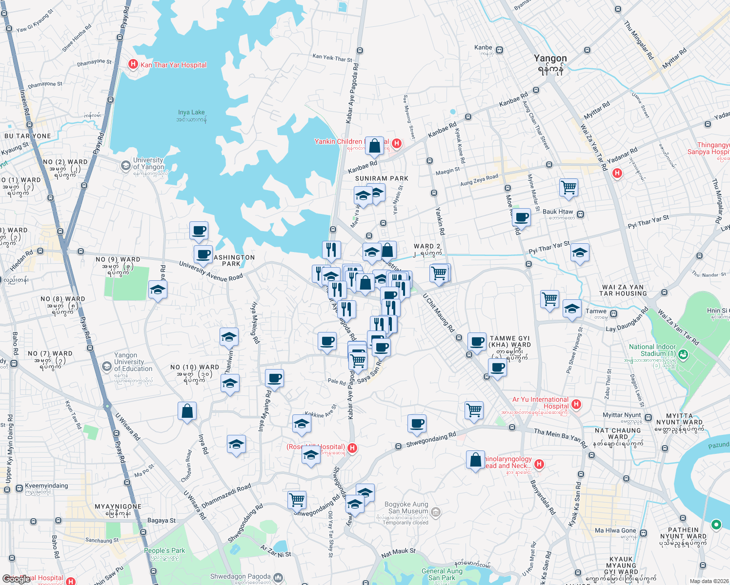 map of restaurants, bars, coffee shops, grocery stores, and more near New University Avenue Road in Yangon