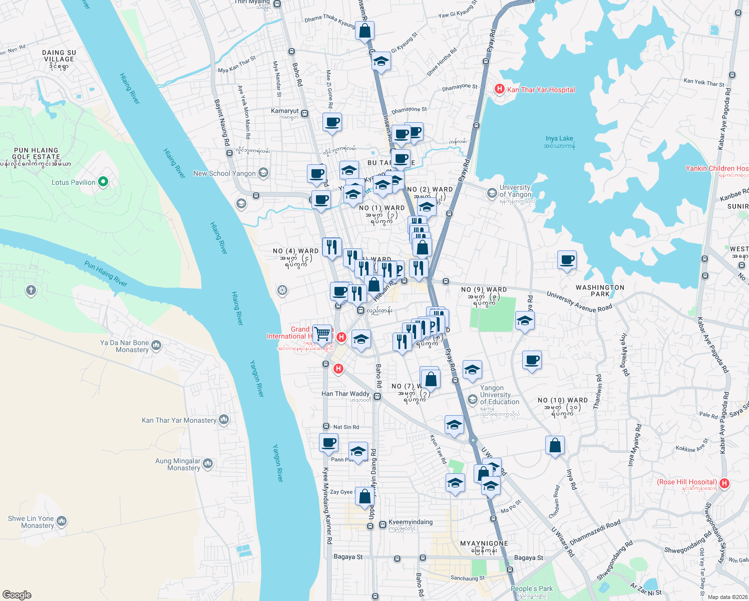 map of restaurants, bars, coffee shops, grocery stores, and more near Hledan Road in Yangon