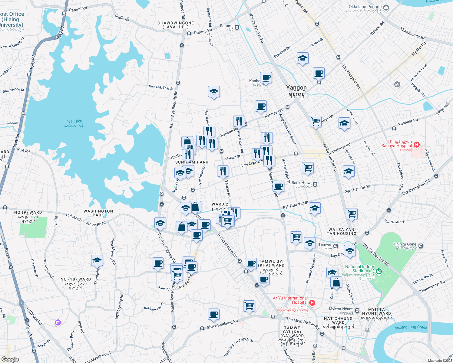 map of restaurants, bars, coffee shops, grocery stores, and more near Yankin Road in Yangon