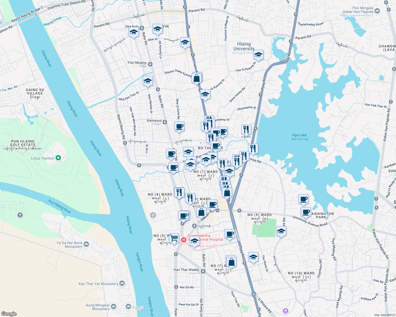 map of restaurants, bars, coffee shops, grocery stores, and more near 7 Ywar Ma Kyaung Street in Yangon
