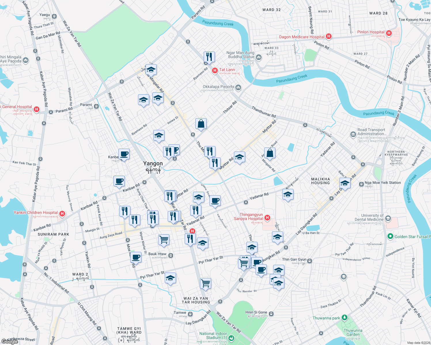 map of restaurants, bars, coffee shops, grocery stores, and more near Thu Mingalar Road in Yangon