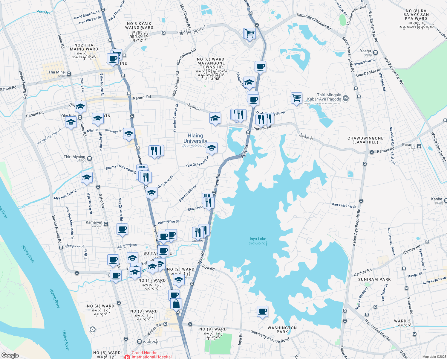 map of restaurants, bars, coffee shops, grocery stores, and more near 7 Pyay Road in Yangon