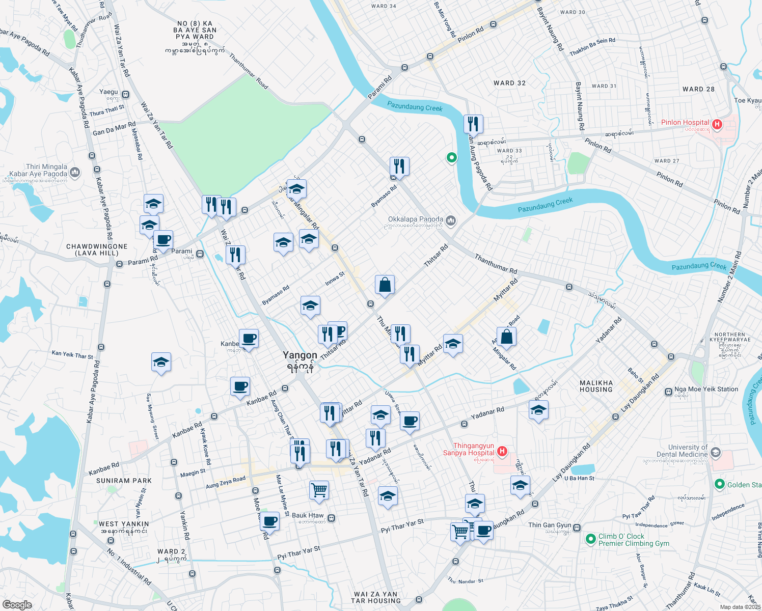 map of restaurants, bars, coffee shops, grocery stores, and more near Aung Thit Sar Street in Yangon