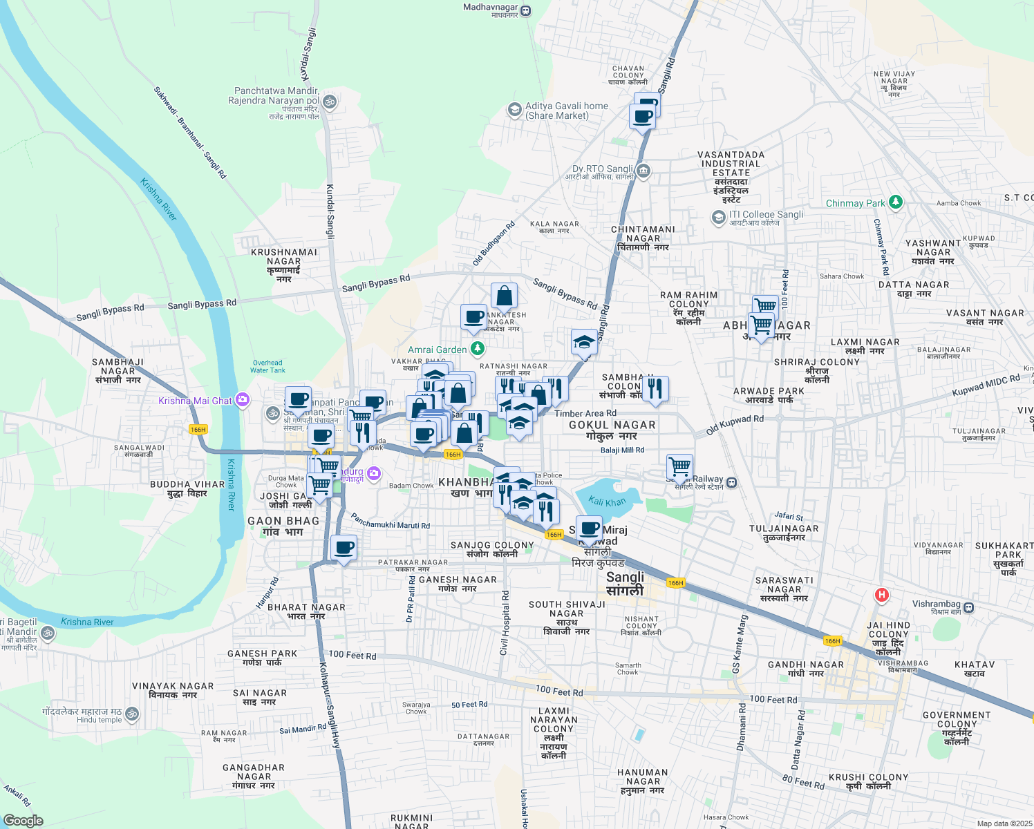 map of restaurants, bars, coffee shops, grocery stores, and more near in Sangli