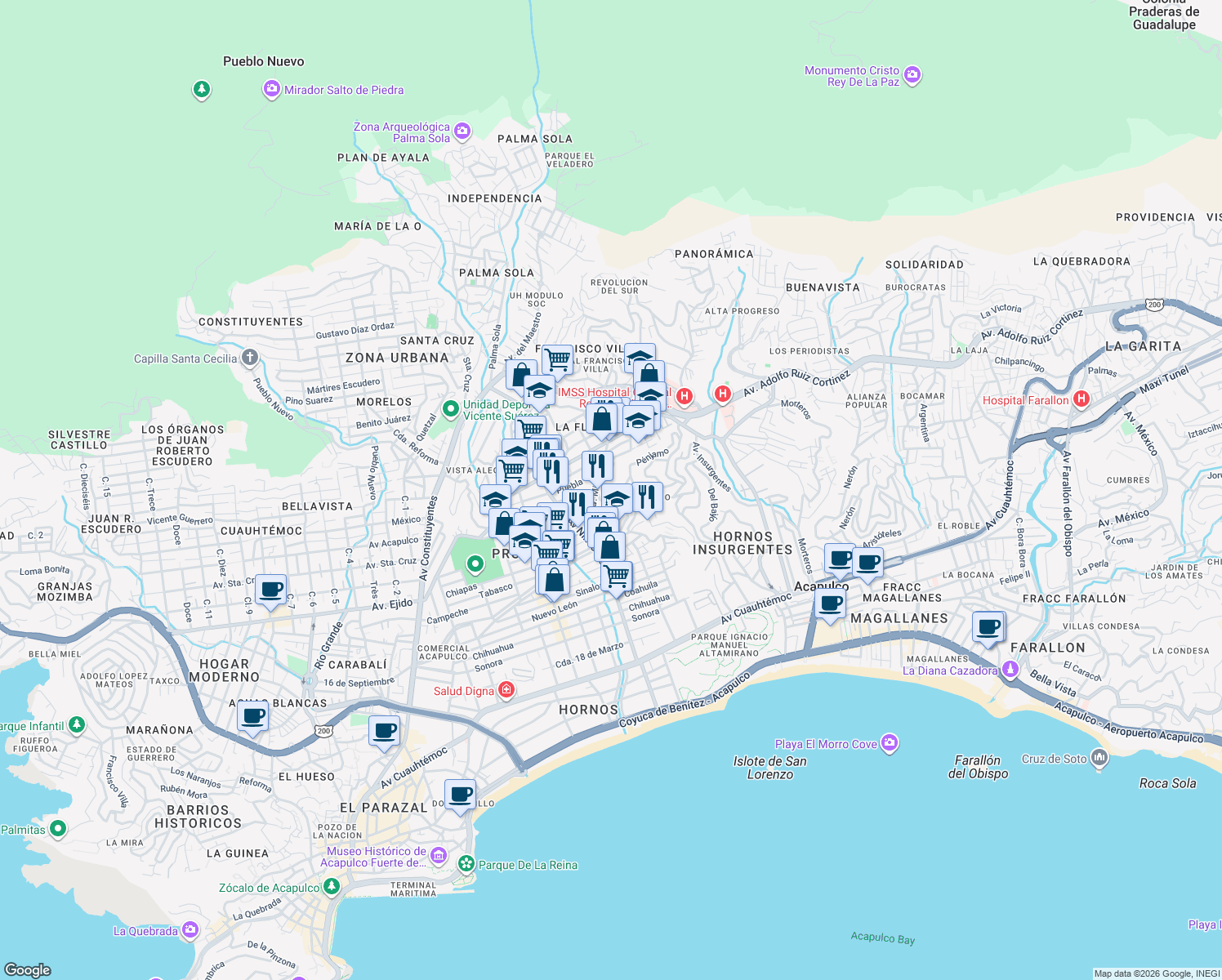 map of restaurants, bars, coffee shops, grocery stores, and more near in Acapulco de Juárez