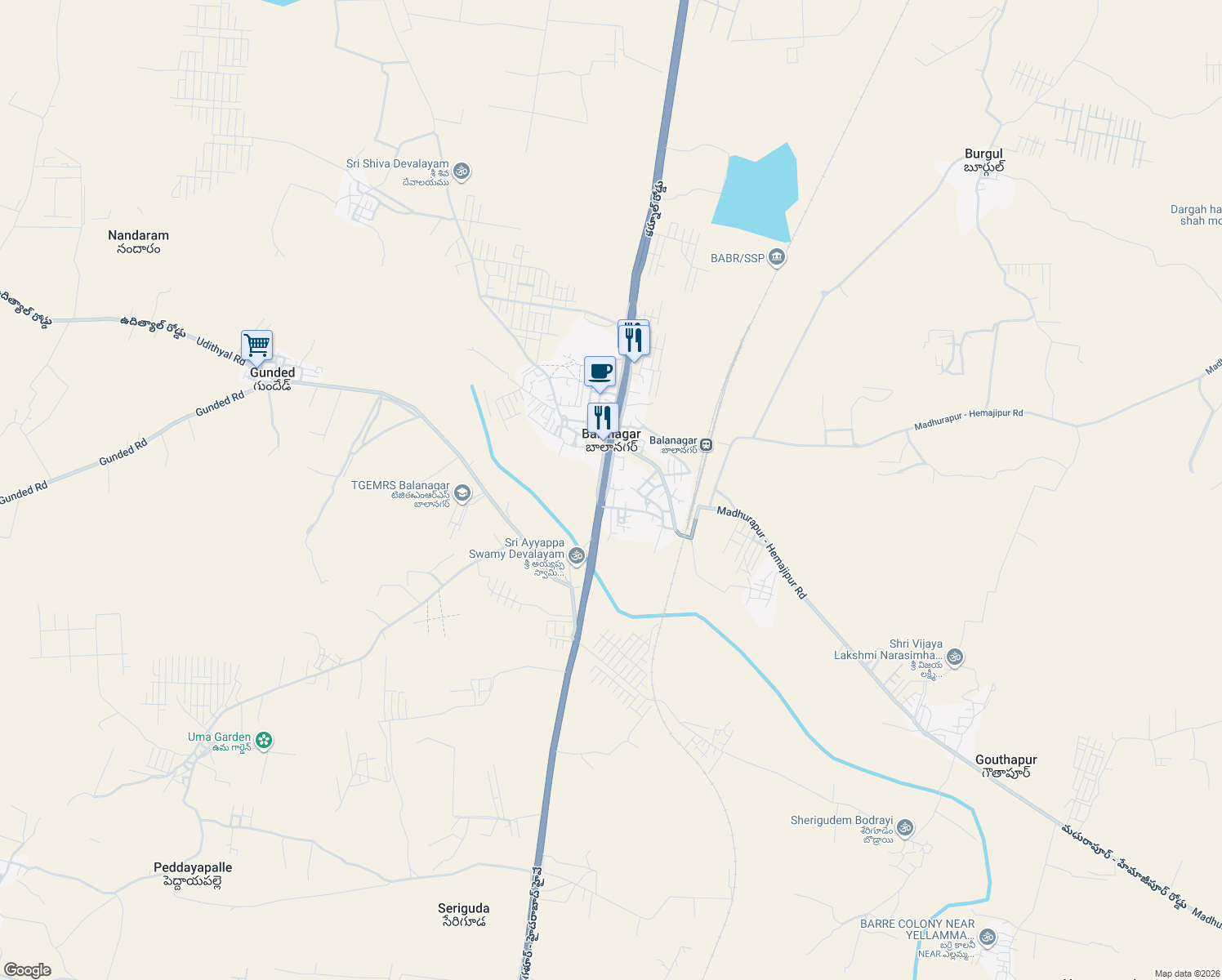 map of restaurants, bars, coffee shops, grocery stores, and more near Srinagar - Kanyakumari Highway in Balanagar